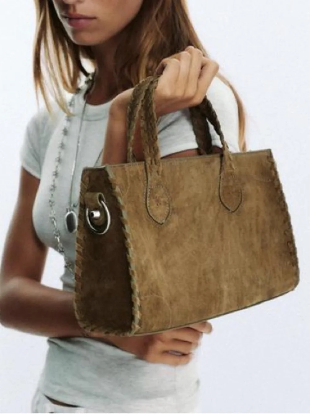 Zara NWT Green Braided Split Leather City Bag Woven Suede Tote